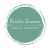 A teal circle with a black brushstroke border has the text "Kristin Gunner, Virtual Assistant."